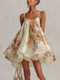 Blanche | Mini Abito a Trapezio in Organza Floreale Beige con Bordo in Pizzo