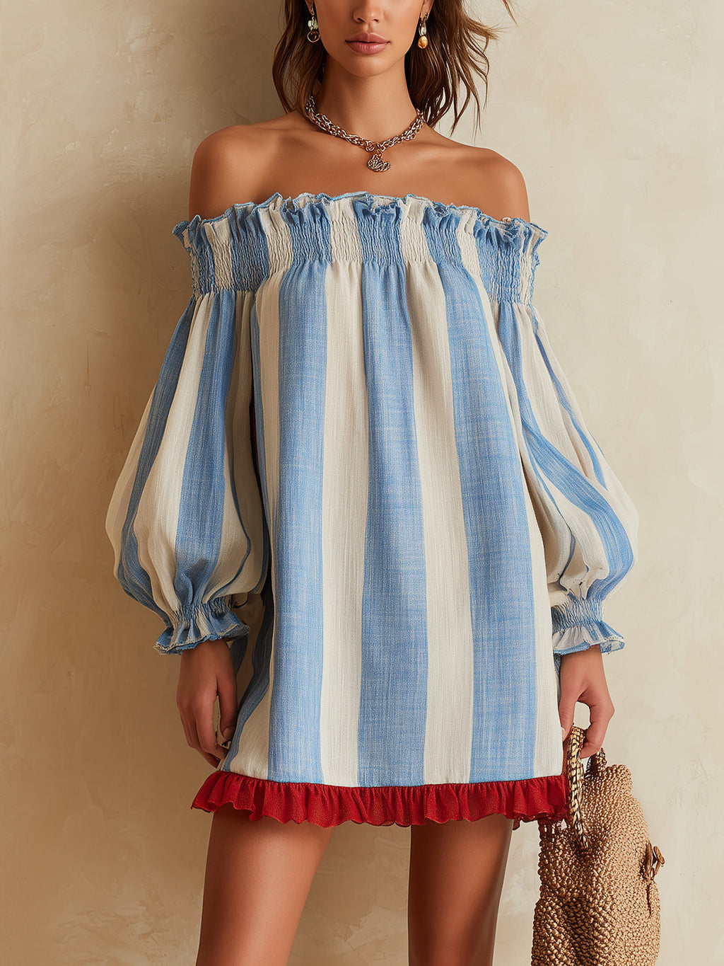 Ondine | Mini Abito a Righe Blu e Bianco a Spalle Scoperte con Orlo a Contrasto