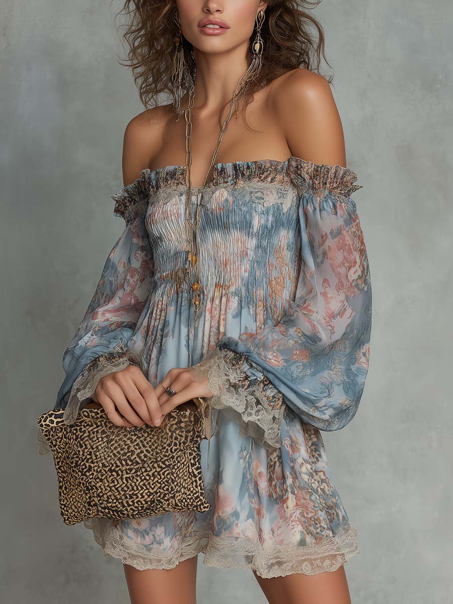 Romane | Mini Abito in Chiffon Arricciato a Spalle Scoperte con Fiori Romantici