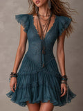 Delphine | Mini Abito con Volant in Pizzo e Chiffon Blu Retrò