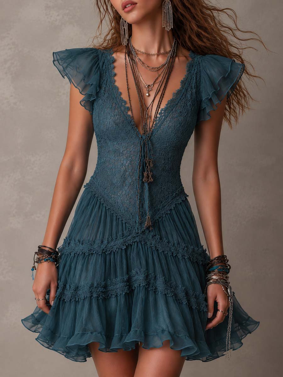 Delphine | Mini Abito con Volant in Pizzo e Chiffon Blu Retrò