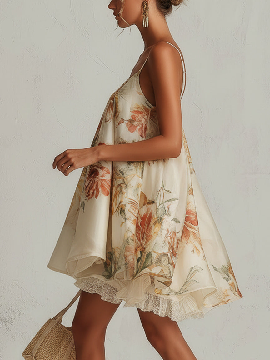 Blanche | Mini Abito a Trapezio in Organza Floreale Beige con Bordo in Pizzo