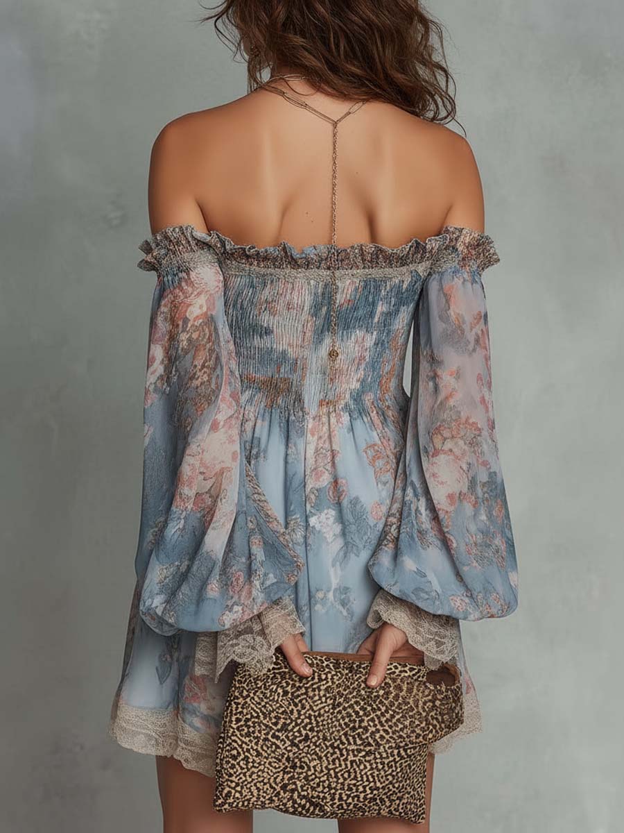 Romane | Mini Abito in Chiffon Arricciato a Spalle Scoperte con Fiori Romantici