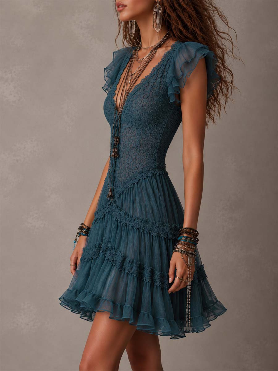 Delphine | Mini Abito con Volant in Pizzo e Chiffon Blu Retrò
