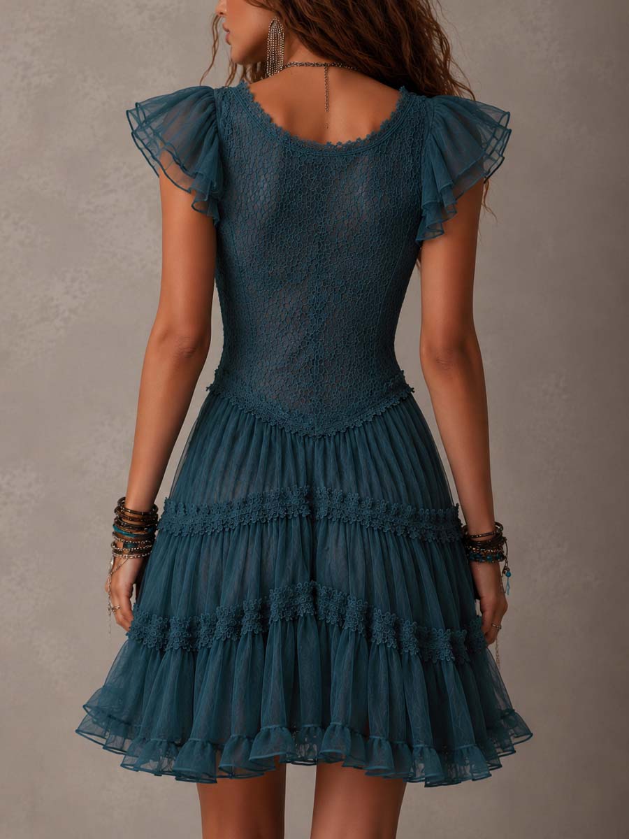 Delphine | Mini Abito con Volant in Pizzo e Chiffon Blu Retrò