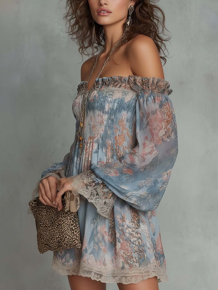 Romane | Mini Abito in Chiffon Arricciato a Spalle Scoperte con Fiori Romantici