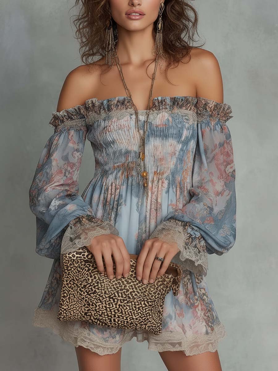 Romane | Mini Abito in Chiffon Arricciato a Spalle Scoperte con Fiori Romantici