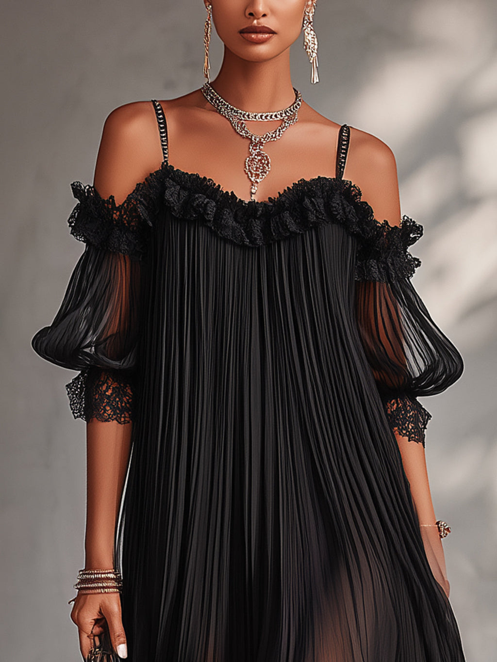 Camille | Mini Abito in Chiffon Nero a Spalle Scoperte con Bordo in Pizzo