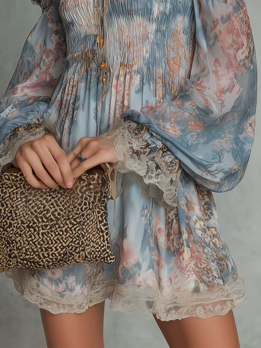Romane | Mini Abito in Chiffon Arricciato a Spalle Scoperte con Fiori Romantici
