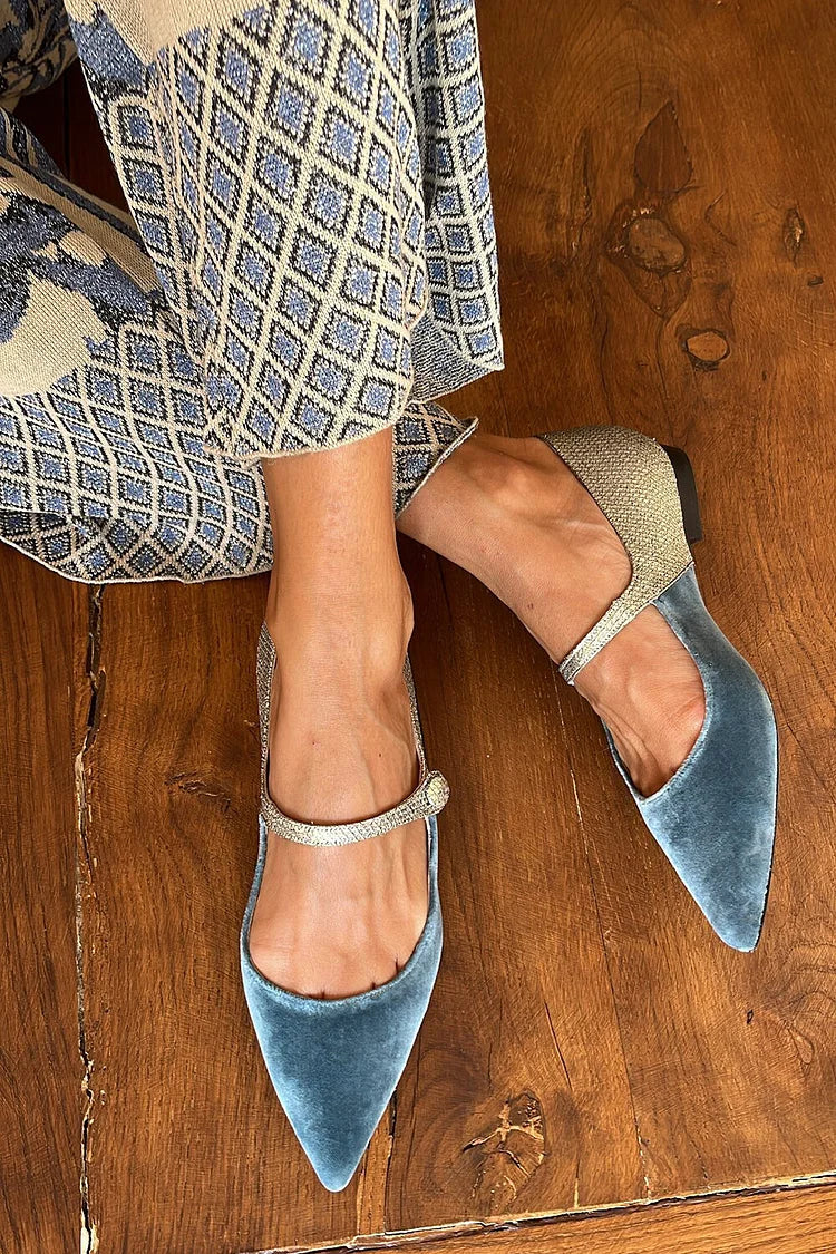 scarpe basse blu patchwork con cinturino sul collo piede fibbia punta affusolata.