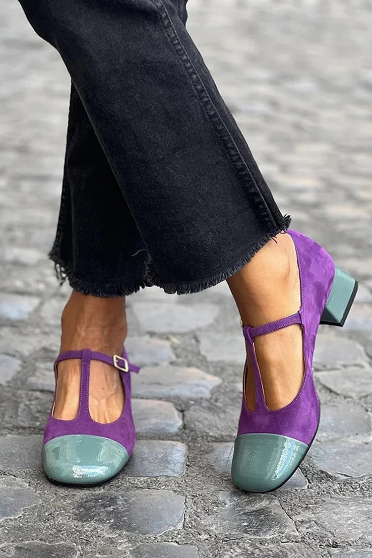 tacchi chunky viola con punta rotonda e cinturino a T con fibbia colorblock.
