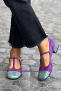 tacchi chunky viola con punta rotonda e cinturino a T con fibbia colorblock.