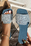 Pantofole Blu con Punta Quadrata, Cuciture e Strass.