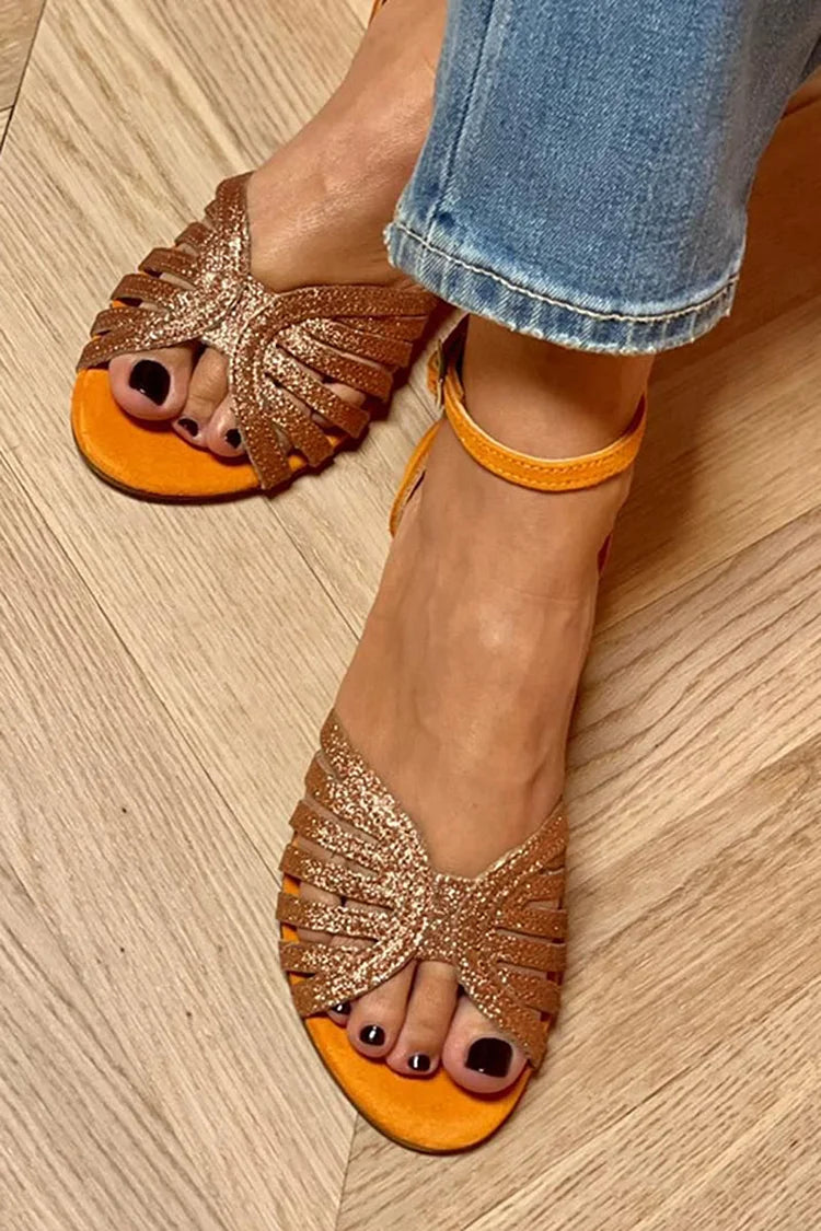 sandali arancioni glitter con cinturino alla caviglia fibbia e cut-out.