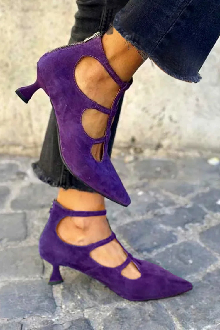 tacchi kitten viola con zip cinturino alla caviglia e cut-out punta affusolata.