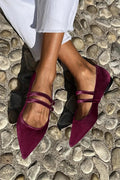 scarpe basse viola velluto punta affusolata due fibbie.