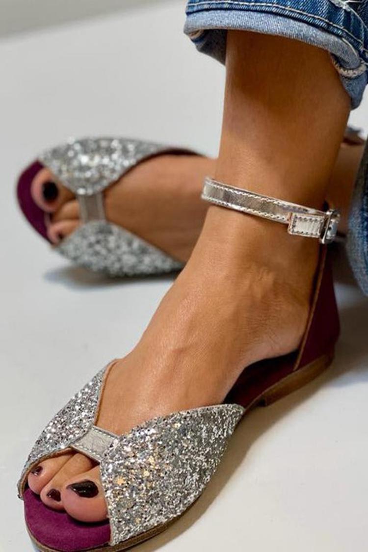 sandali argento glitter con cinturino alla caviglia fibbia e punta aperta.