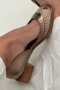tacchi con tacco basso kaki punta quadrata slip on patchwork.