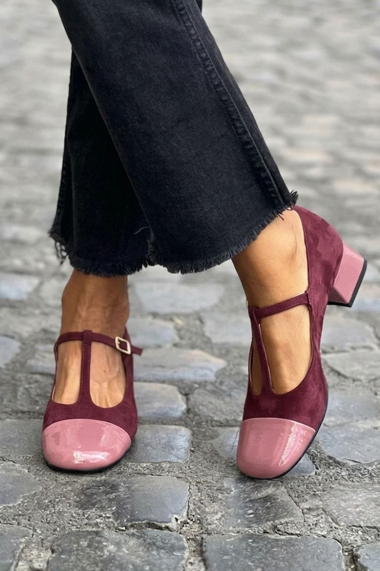 tacchi chunky viola con punta rotonda e cinturino a T con fibbia colorblock.