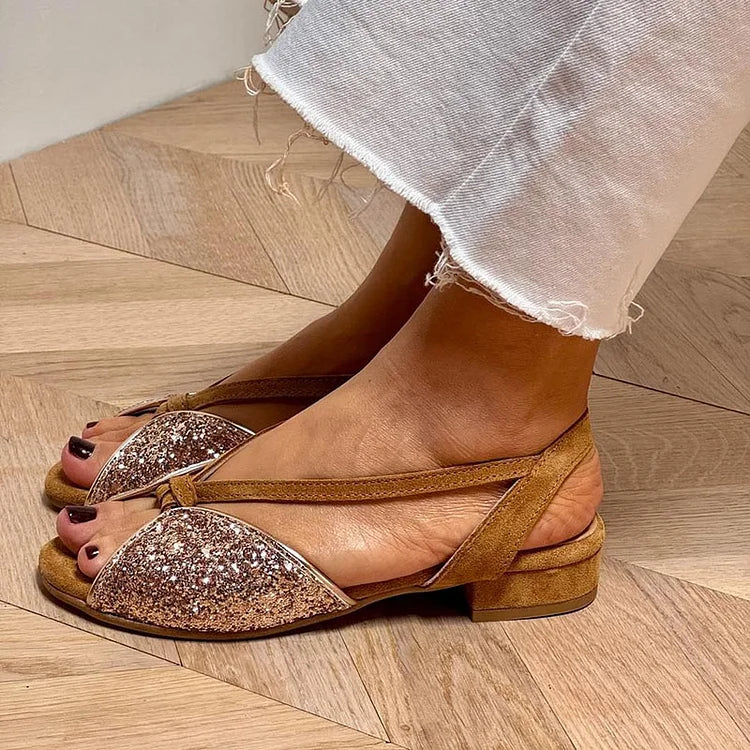 sandali con tacco basso marrone punta aperta glitter patchwork.