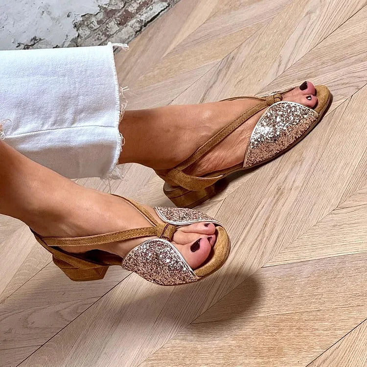 sandali con tacco basso marrone punta aperta glitter patchwork.