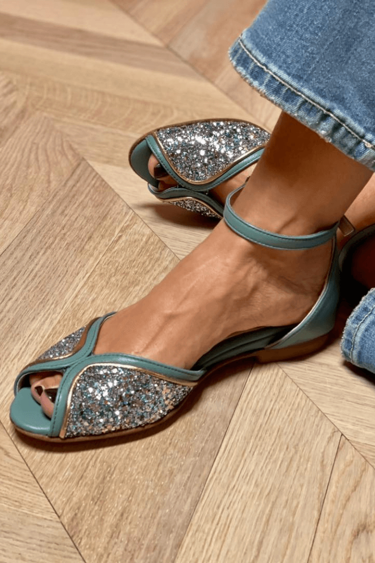 sandali con cinturino alla caviglia fibbia glitter patchwork punta aperta.