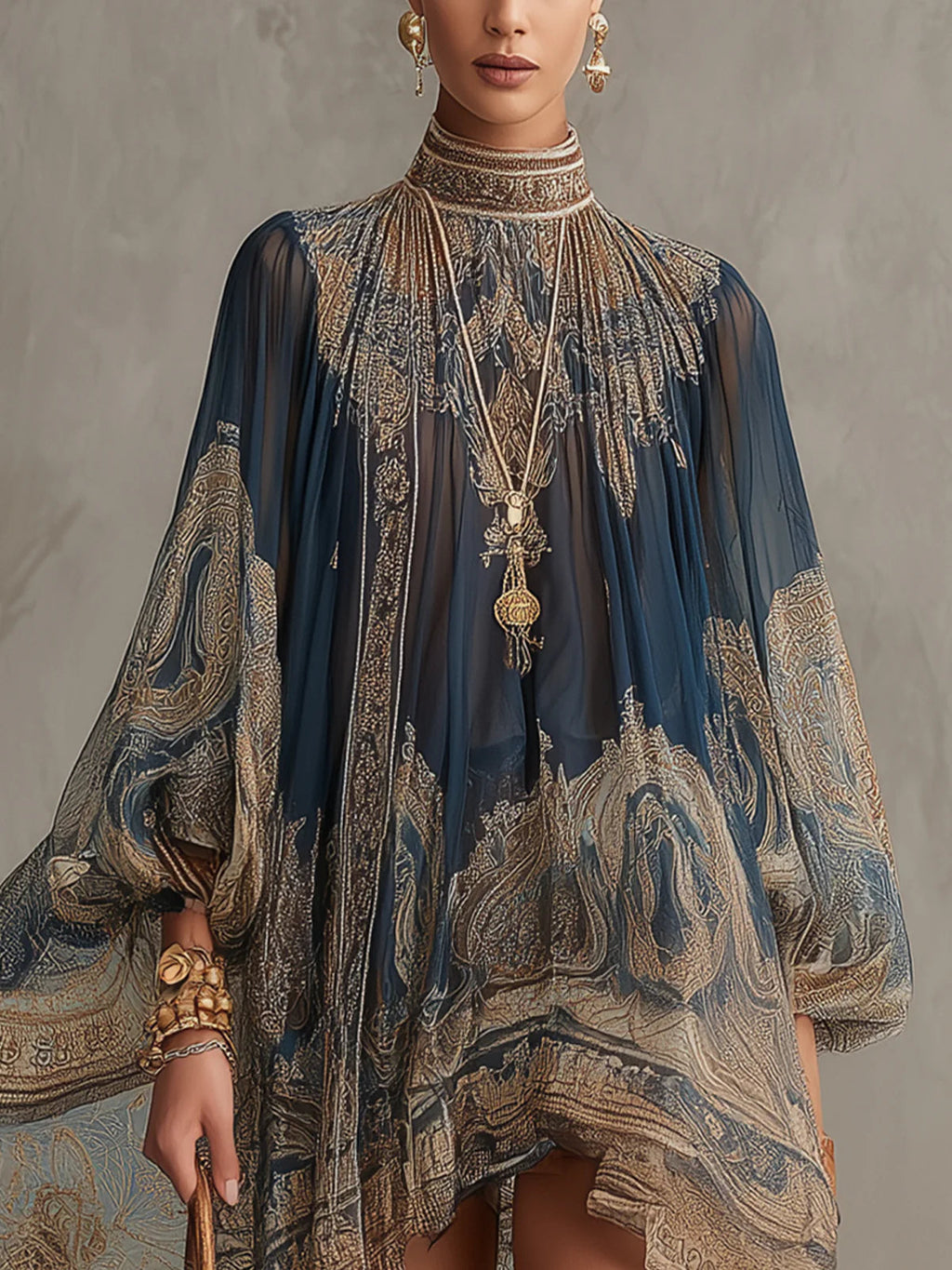 Bérénice | Mini Abito Asimmetrico in Chiffon con Stampa Barocca Blu Navy e Collo Alto