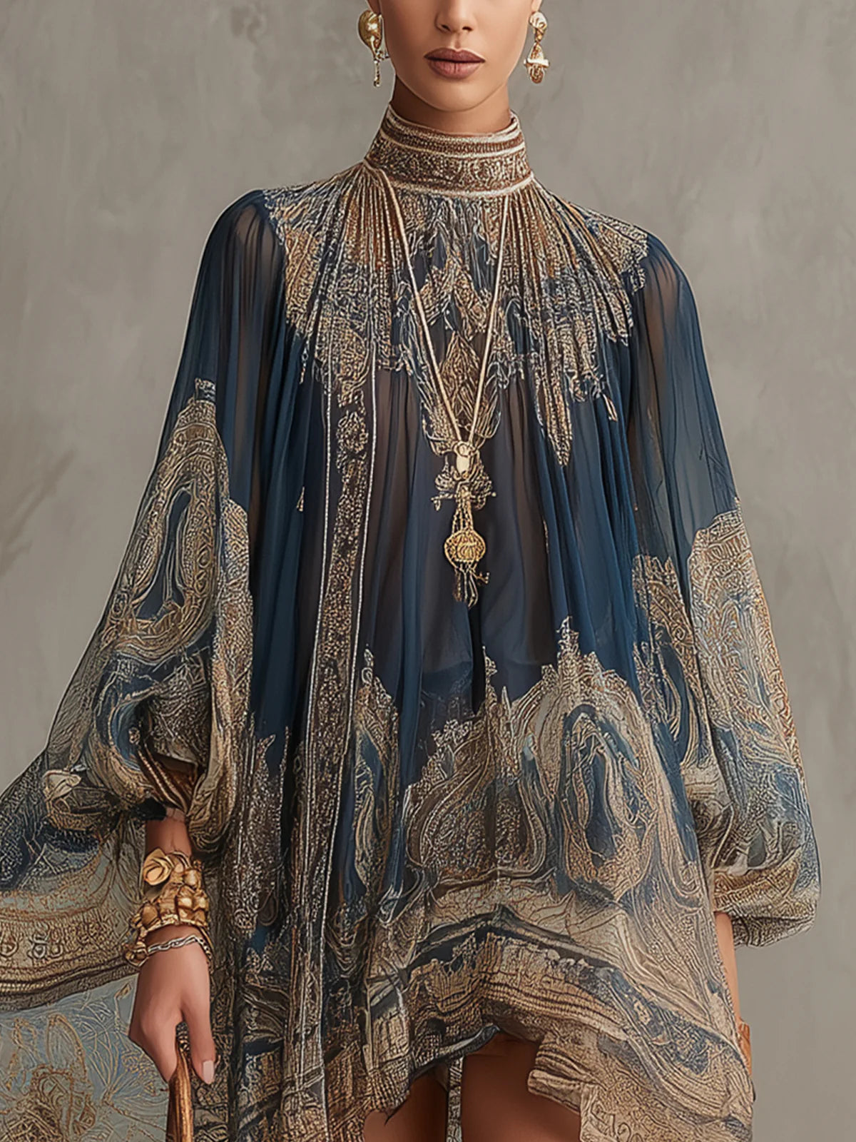 Bérénice | Mini Abito Asimmetrico in Chiffon con Stampa Barocca Blu Navy e Collo Alto