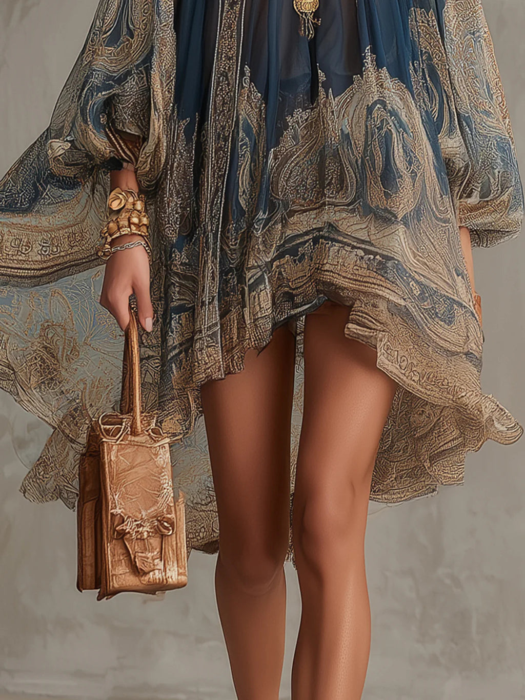 Bérénice | Mini Abito Asimmetrico in Chiffon con Stampa Barocca Blu Navy e Collo Alto