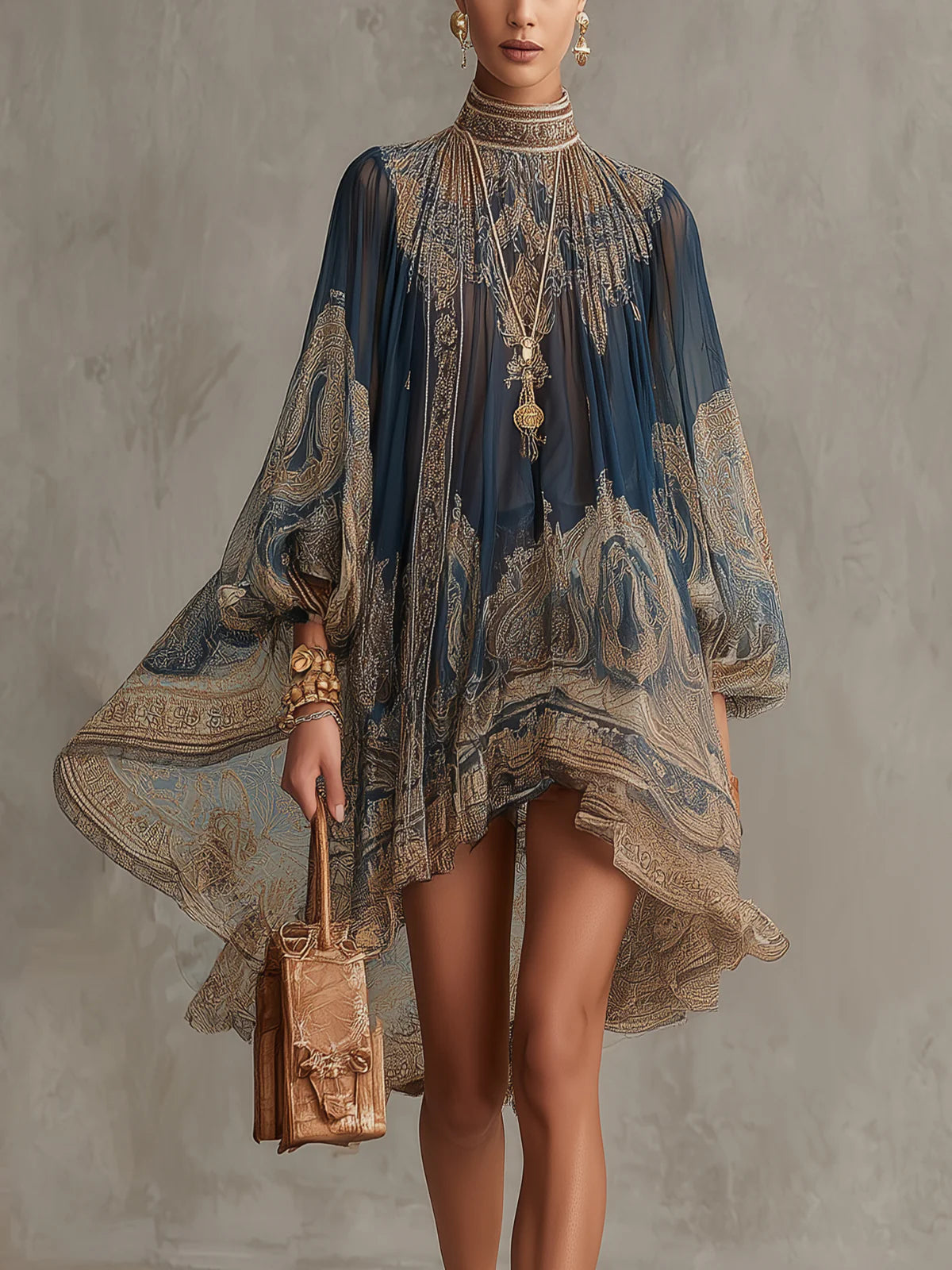 Bérénice | Mini Abito Asimmetrico in Chiffon con Stampa Barocca Blu Navy e Collo Alto
