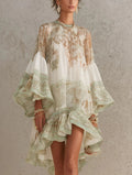 Rosalie | Mini Abito in Chiffon con Maniche a Volant e Orlo a Righe Verde