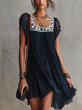 Apolline | Mini Abito Plissettato in Chiffon Ricamato a Fiori Blu Navy