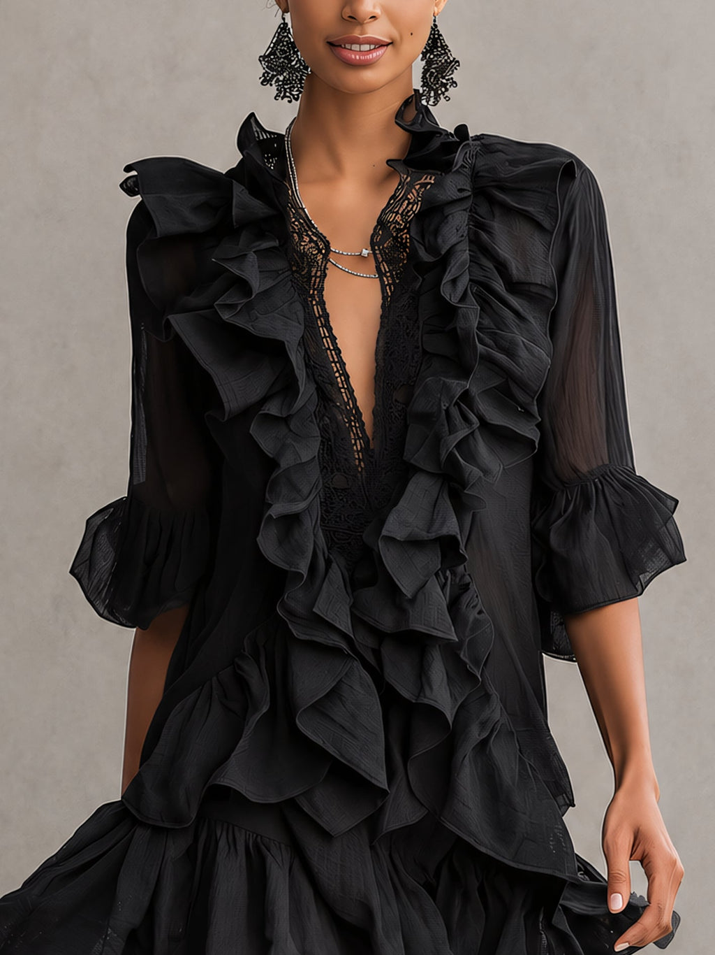 Anaïs | Mini Abito in Chiffon Nero con Volant