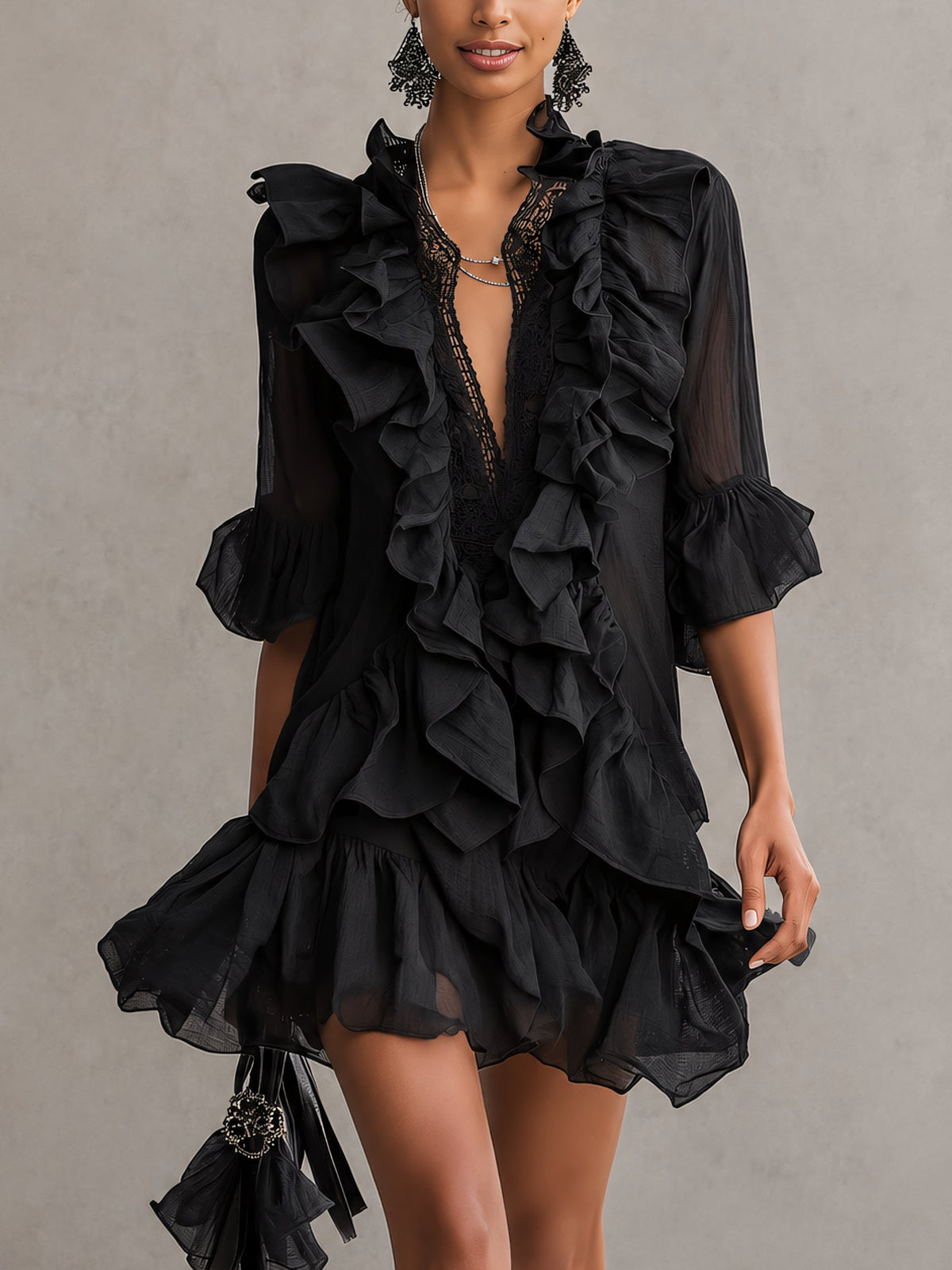 Anaïs | Mini Abito in Chiffon Nero con Volant