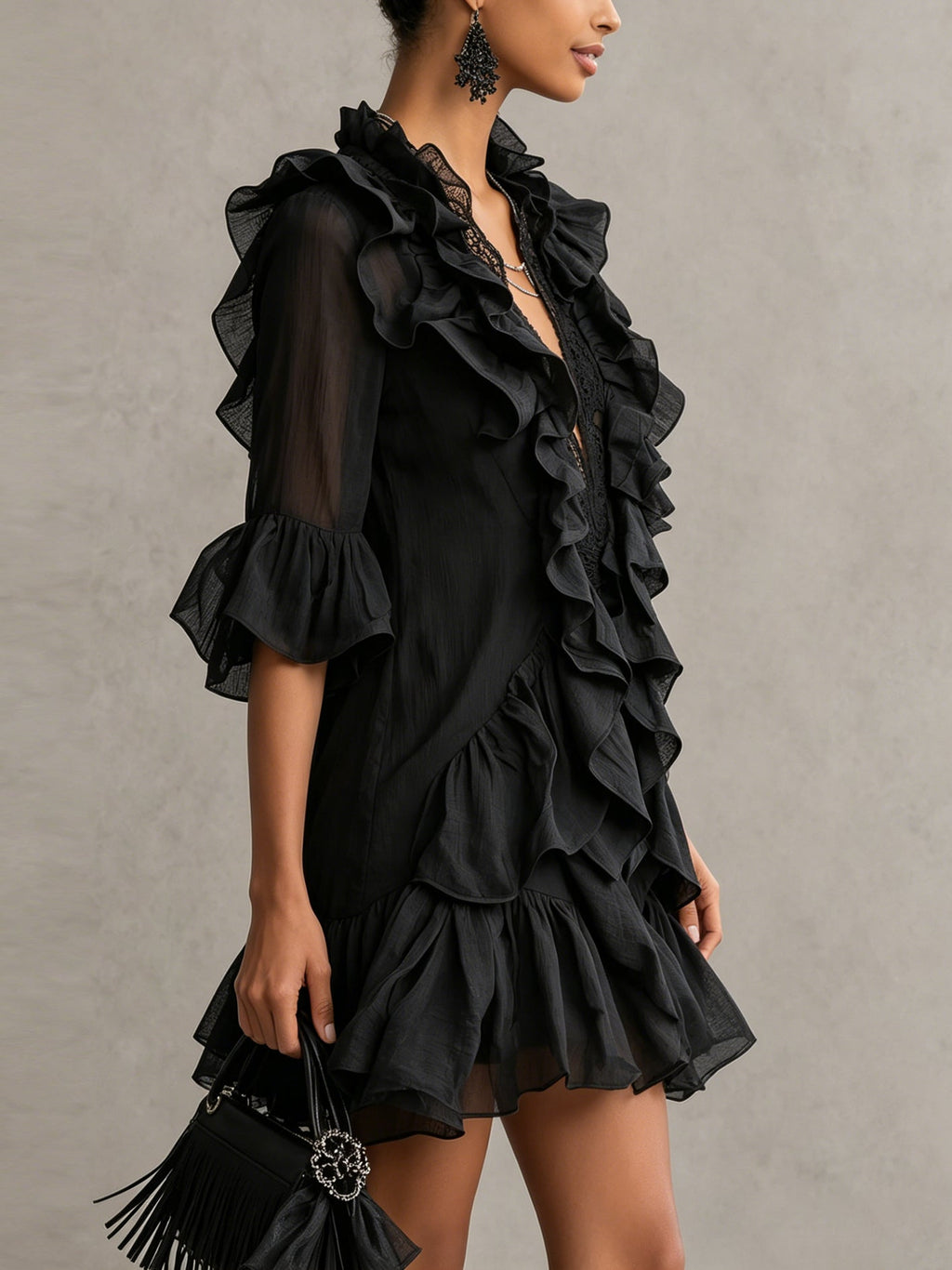 Anaïs | Mini Abito in Chiffon Nero con Volant